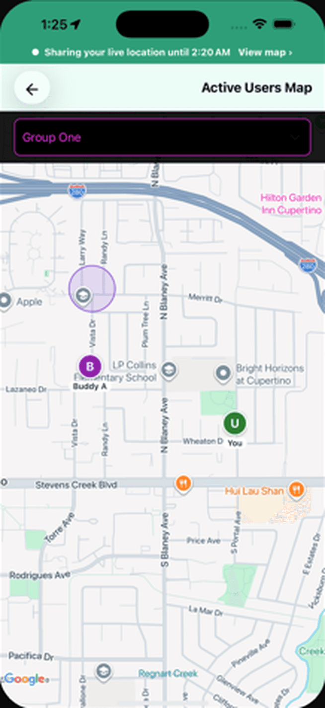 BuddySOS Active Users Map showing Buddy A and you as live pins, with a safe zone circle