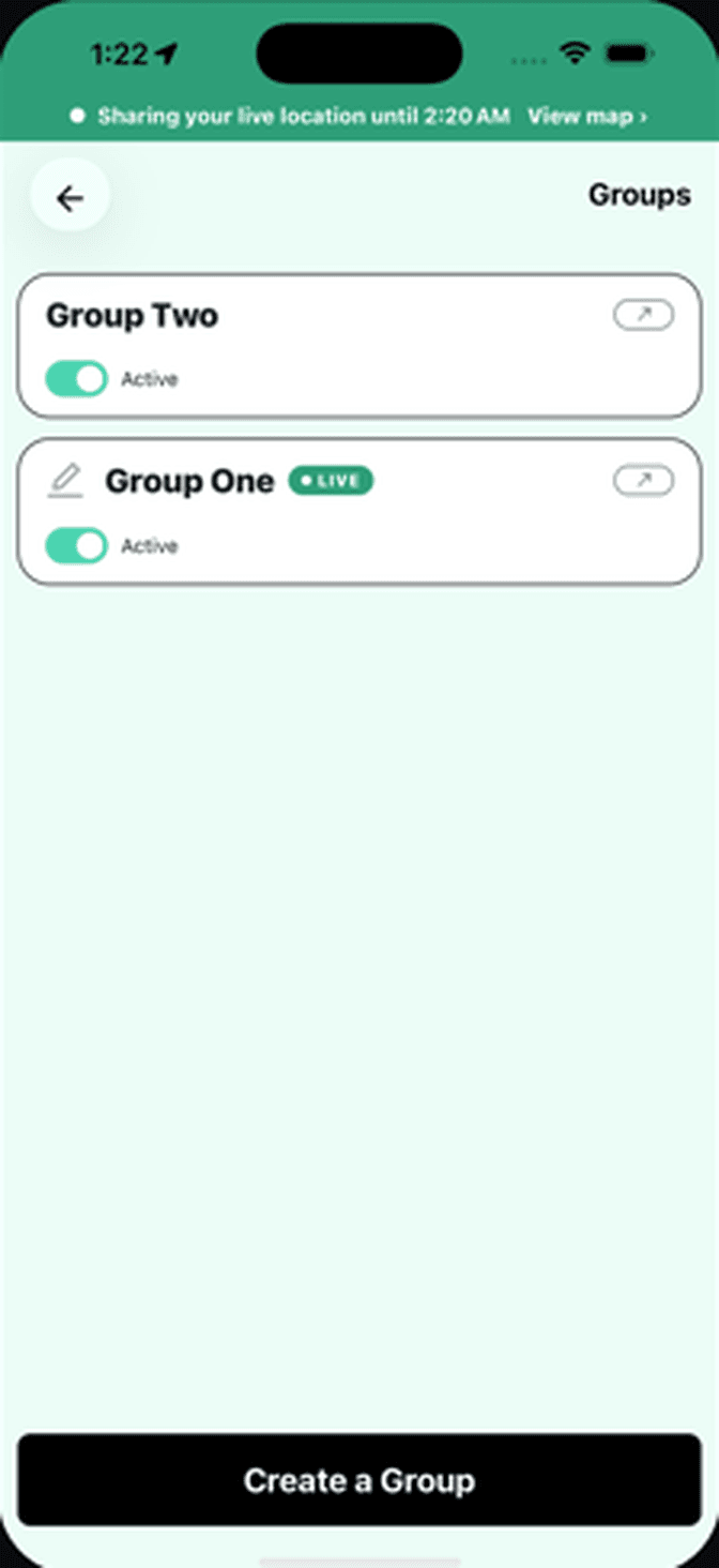 Groups screen: Group One live and Group Two, each with an Active toggle