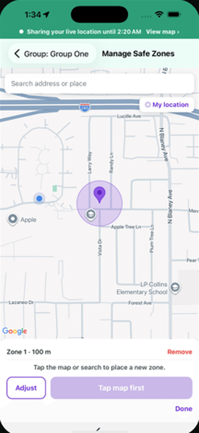 Manage Safe Zones: a 100 m zone placed on the map for Group One