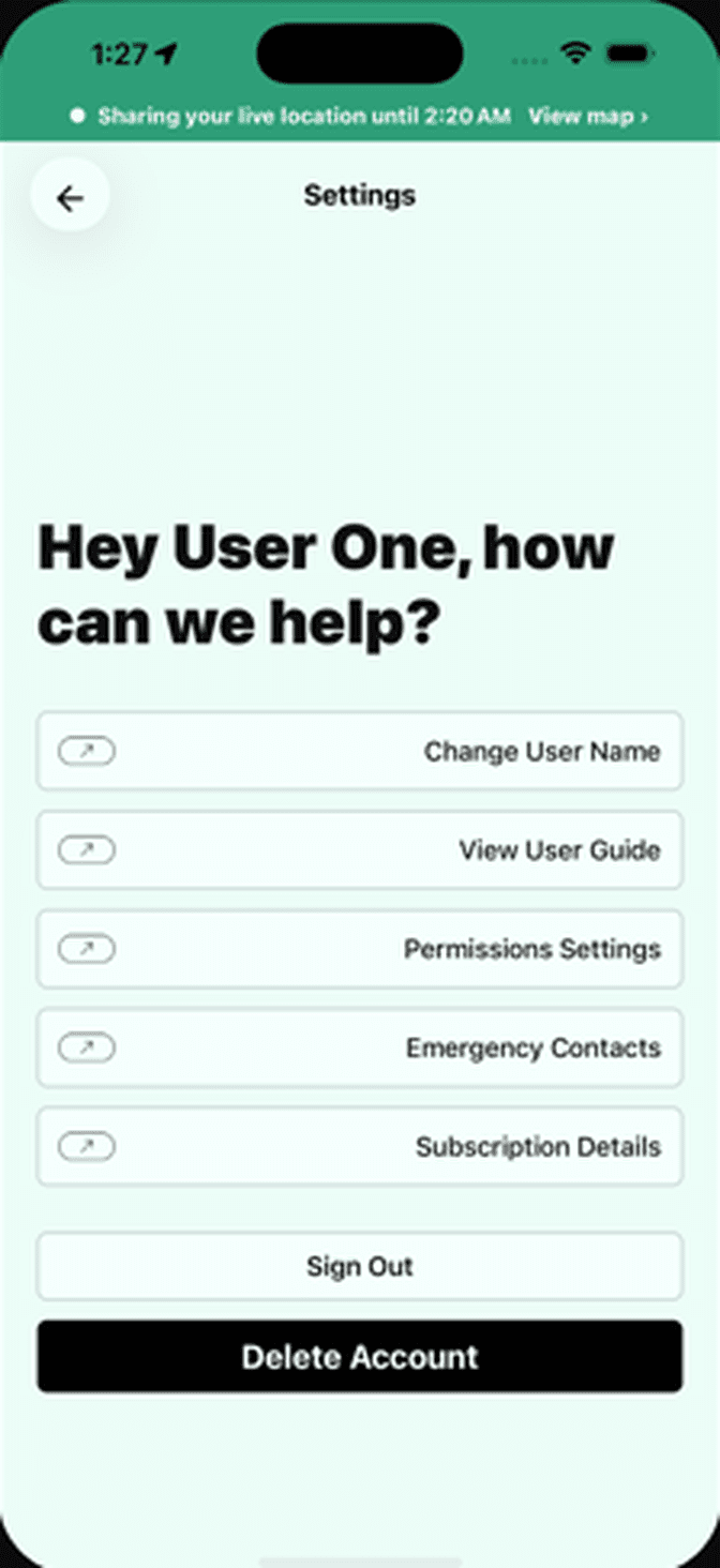BuddySOS settings with Emergency Contacts, the people who get SOS texts
