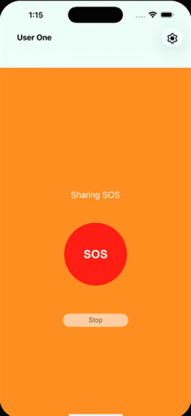 BuddySOS SOS screen: Sharing SOS, with a Stop button